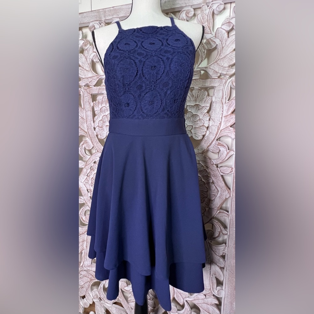 NWT Mi Ami Navy Halter Open Back Crocheted Top Dress Sz L